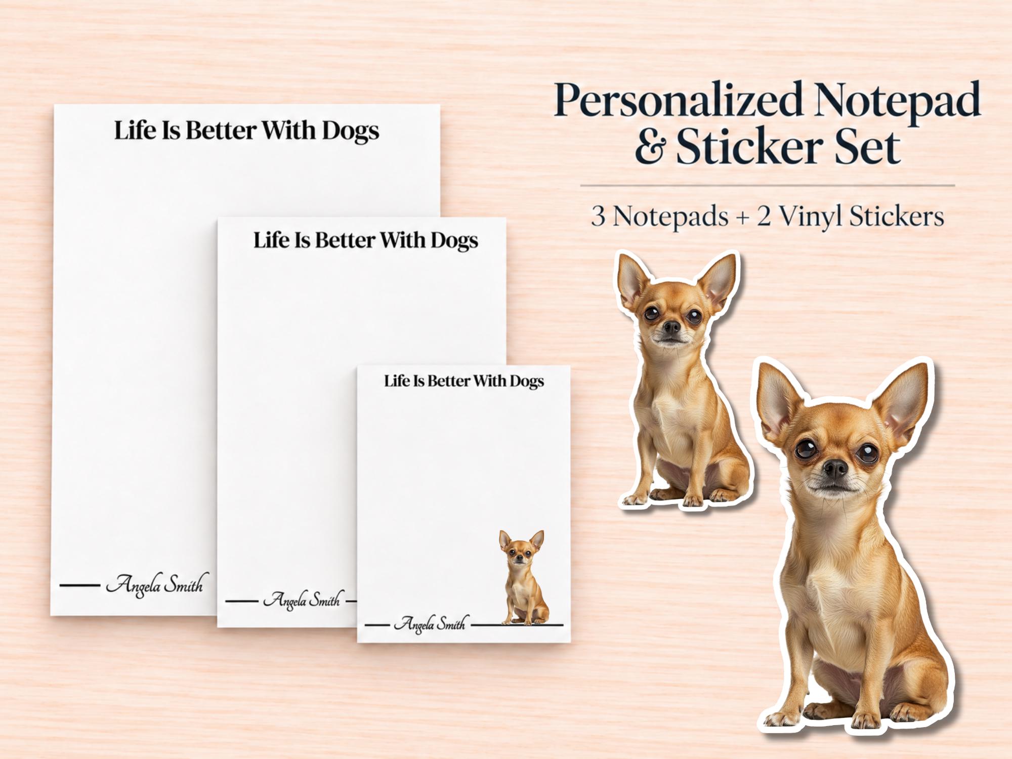 Chihuahua Stationery Gift Box - Tan | Personalized Notepads and Vinyl Dog Stickers