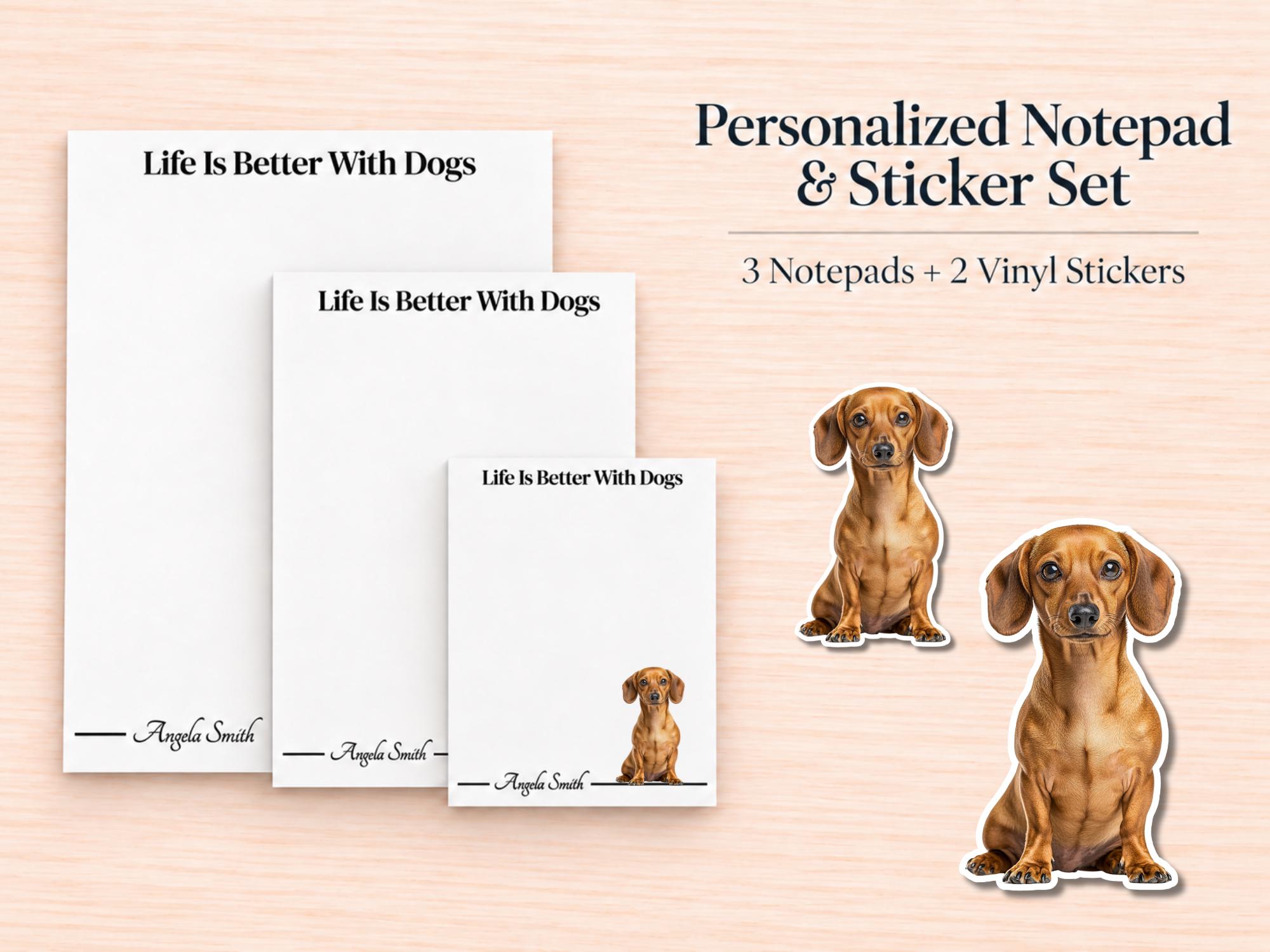 Dachshund Stationery Gift Box - Tan | Personalized Notepads and Vinyl Dog Stickers