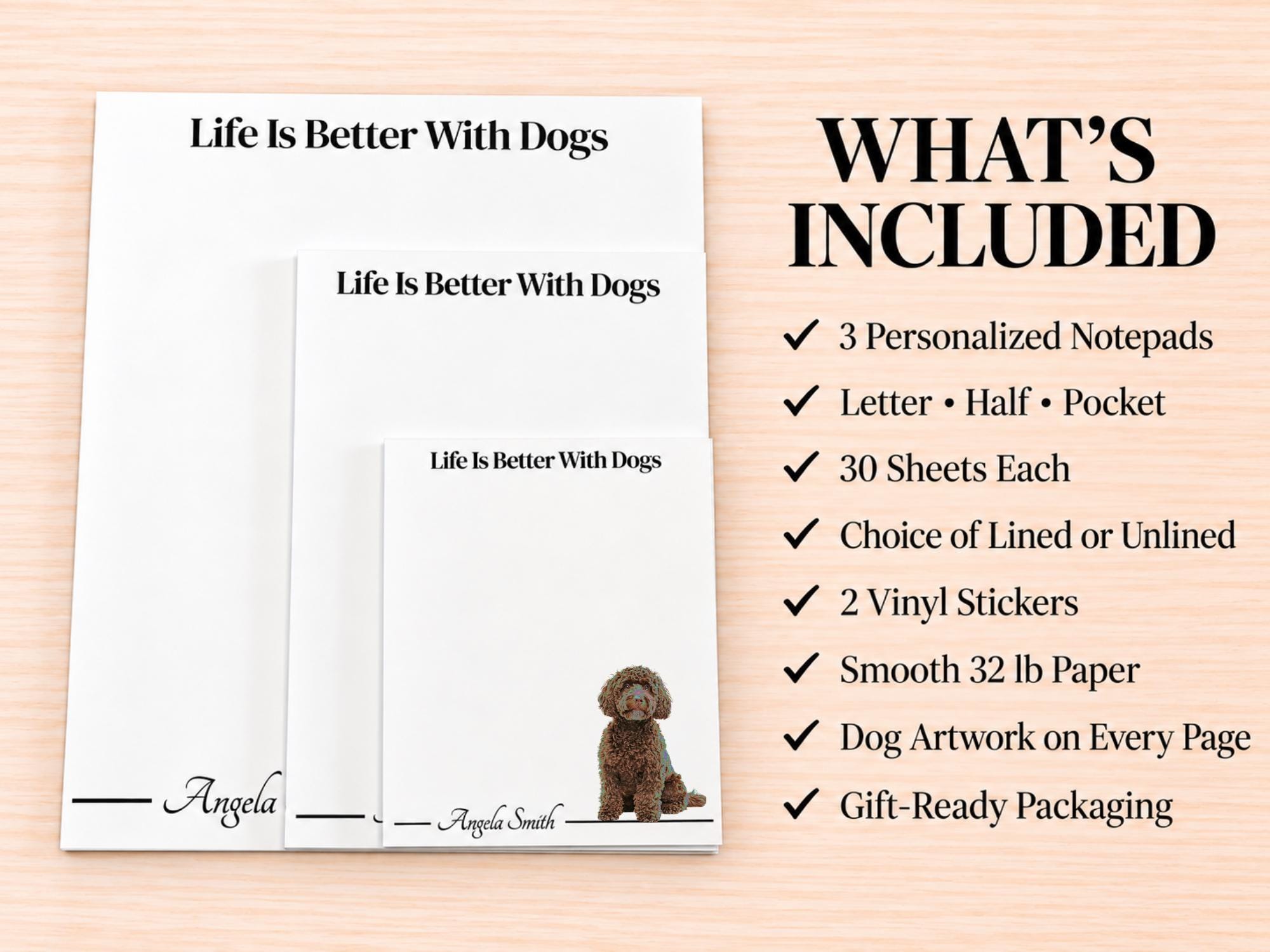 Brown Labradoodle / Goldendoodle Stationery Gift Box | Personalized Notepads and Vinyl Dog Stickers