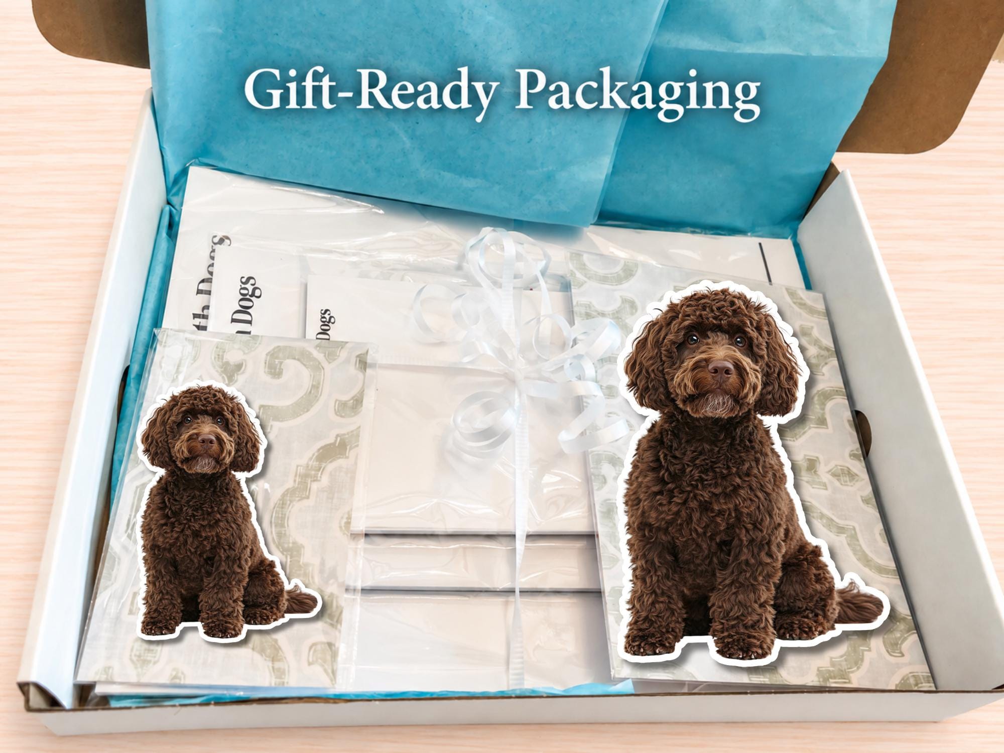 Brown Labradoodle / Goldendoodle Stationery Gift Box | Personalized Notepads and Vinyl Dog Stickers