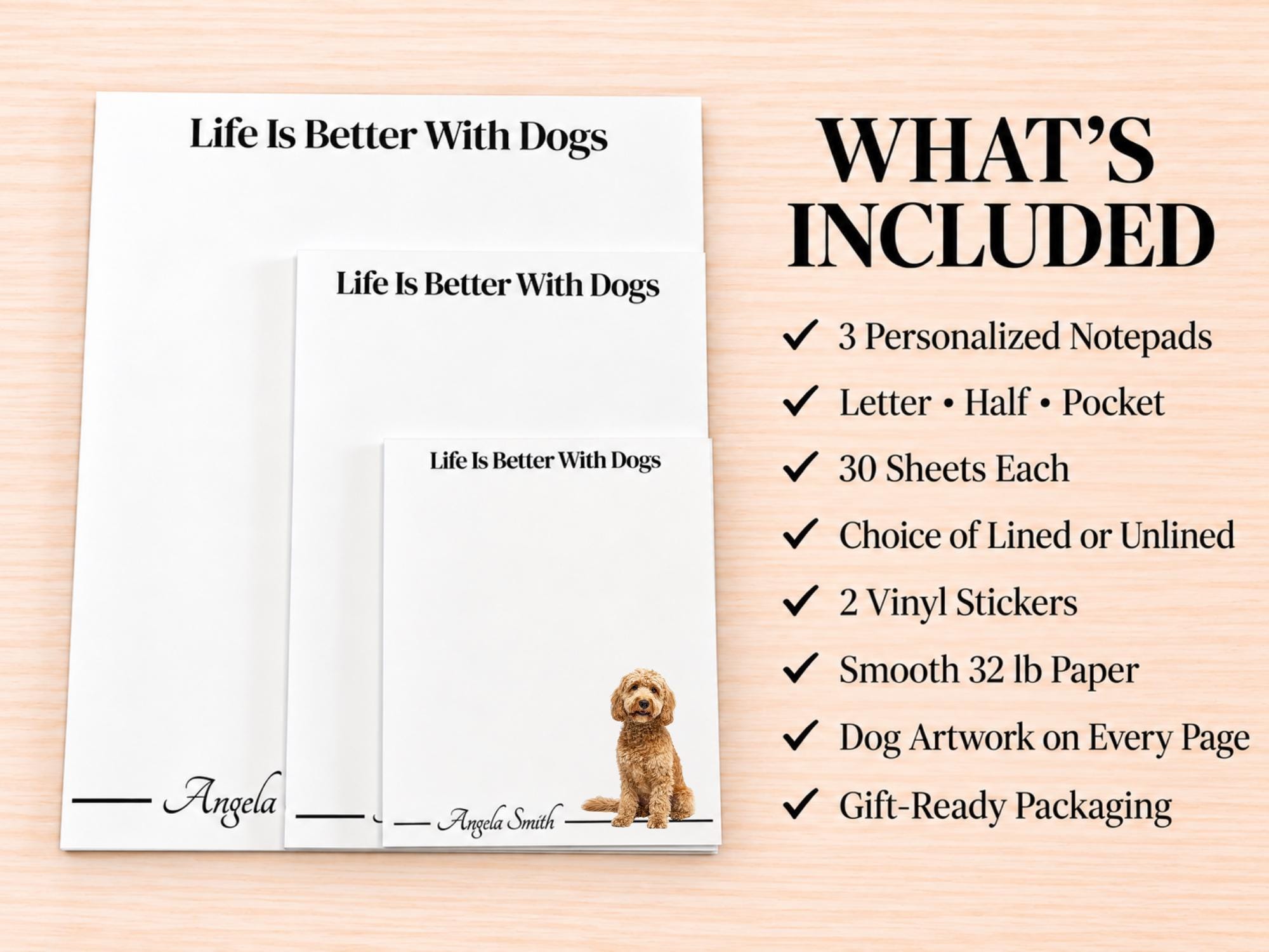 Tan Labradoodle / Goldendoodle Stationery Gift Box | Personalized Notepads and Vinyl Dog Stickers