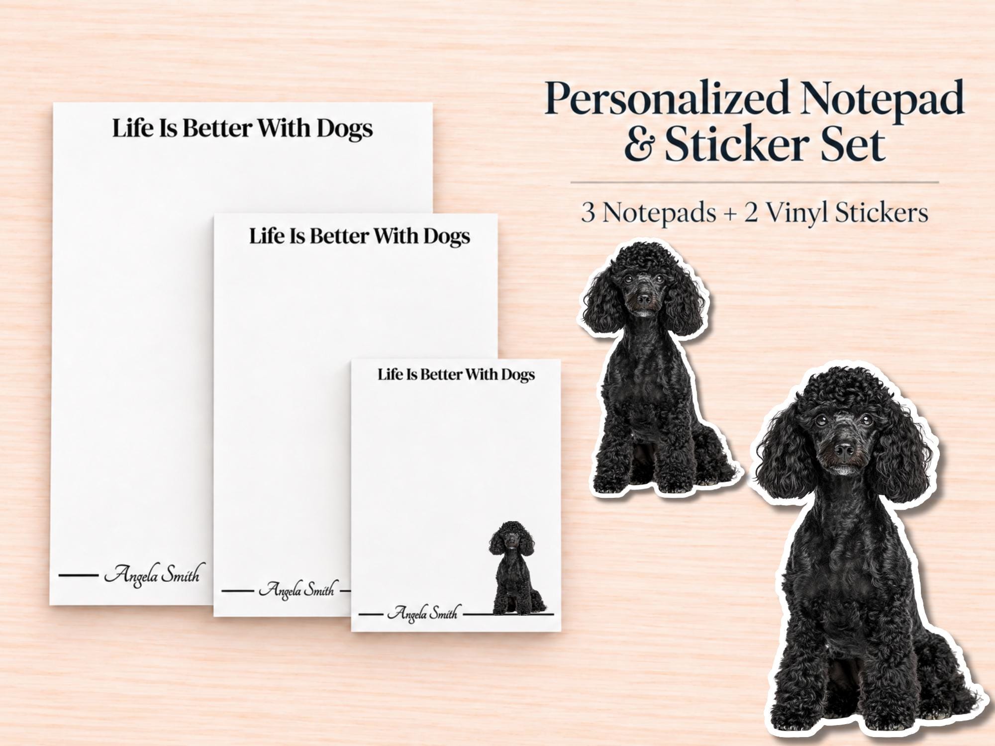 Miniature Poodle Stationery Gift Box - Black | Personalized Notepads and Vinyl Dog Stickers