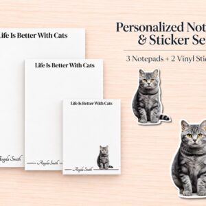 Tabby Cat Stationery Gift Box - Gray | Personalized Notepads and Vinyl Cat Stickers