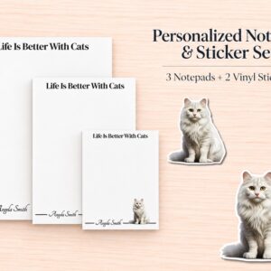 Maine Coon Cat Stationery Gift Box - White | Personalized Notepads and Vinyl Cat Stickers