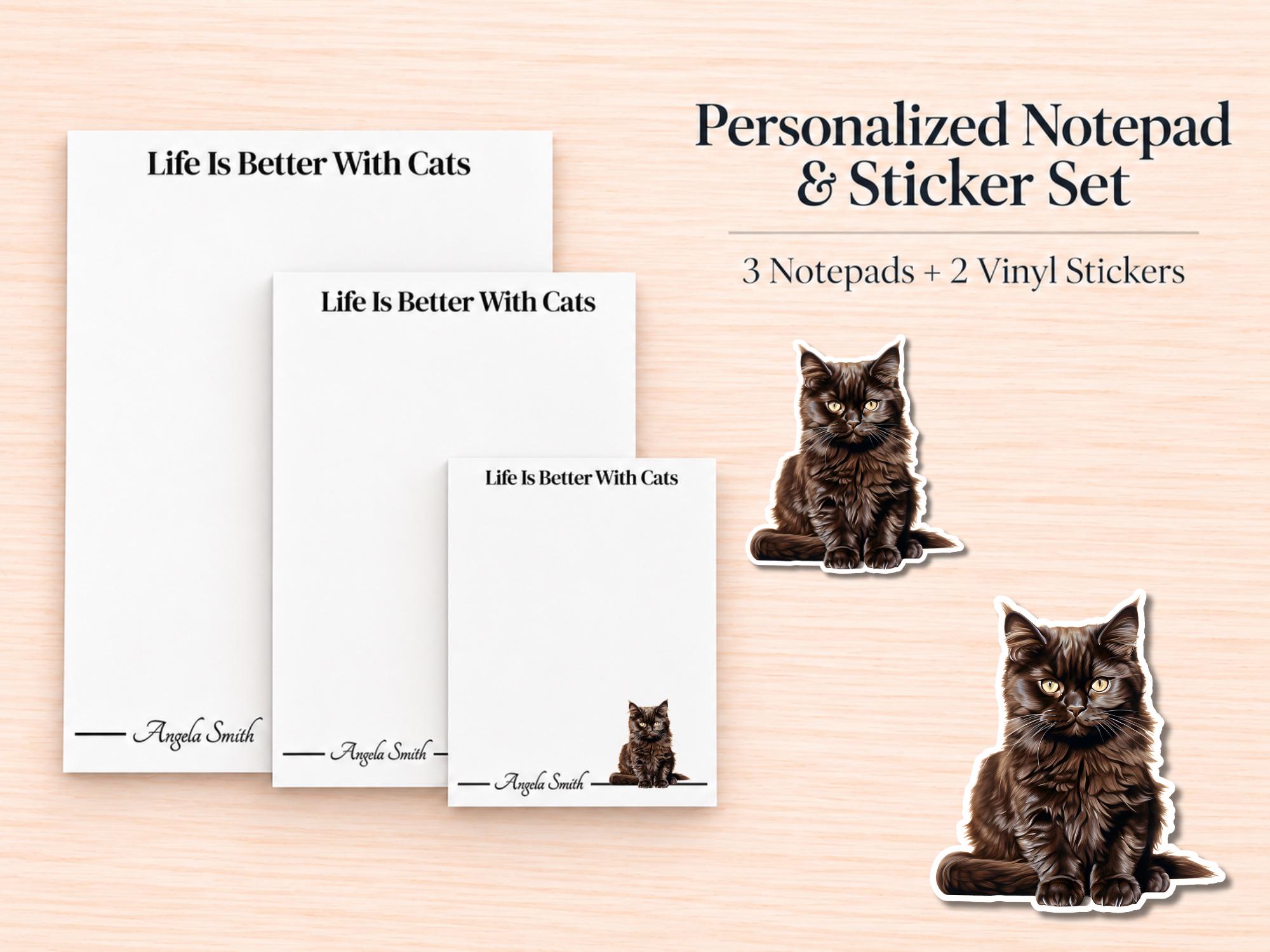 Maine Coon Cat Stationery Gift Box - Black | Personalized Notepads and Vinyl Cat Stickers