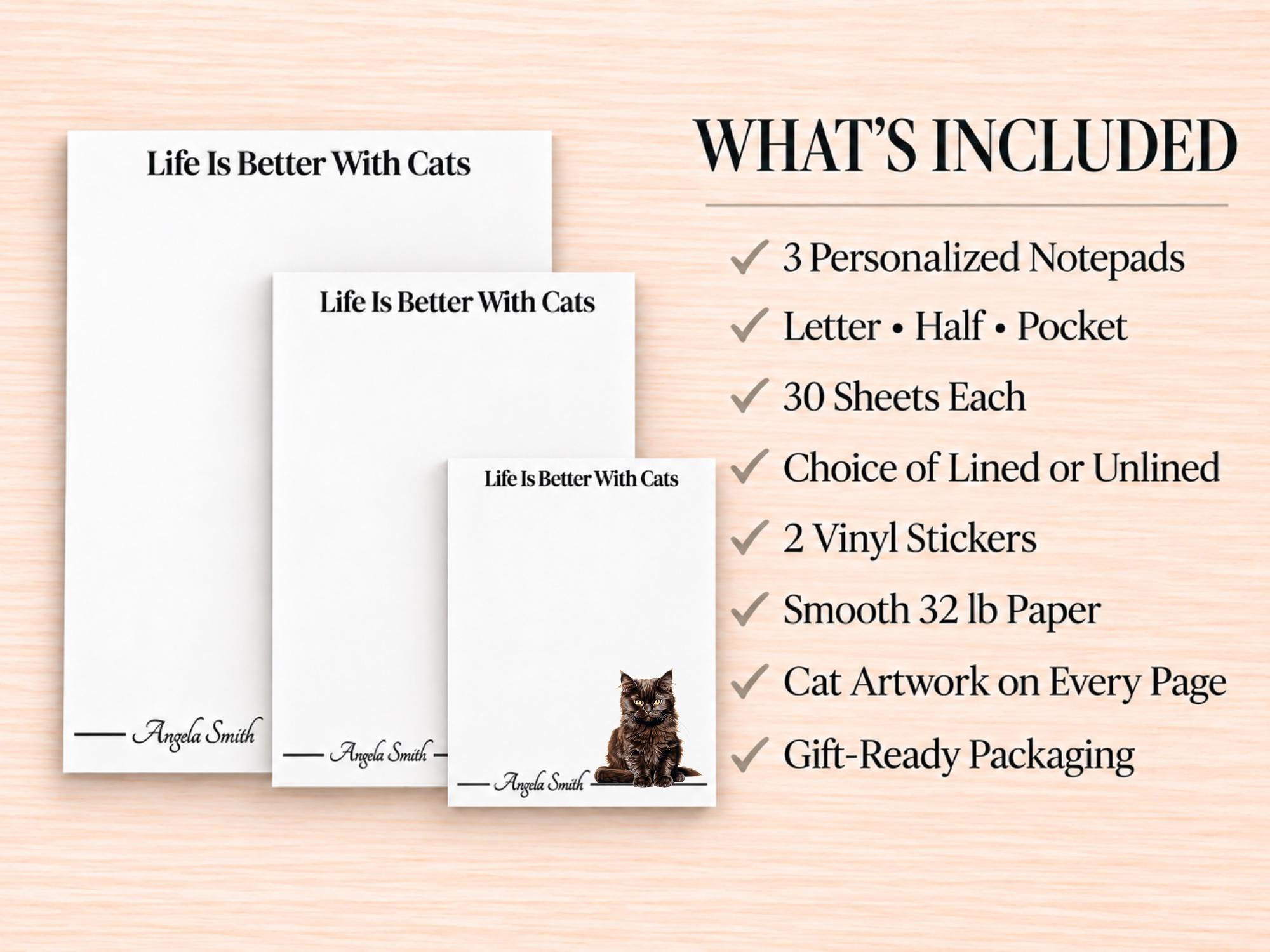 Maine Coon Cat Stationery Gift Box - Black | Personalized Notepads and Vinyl Cat Stickers
