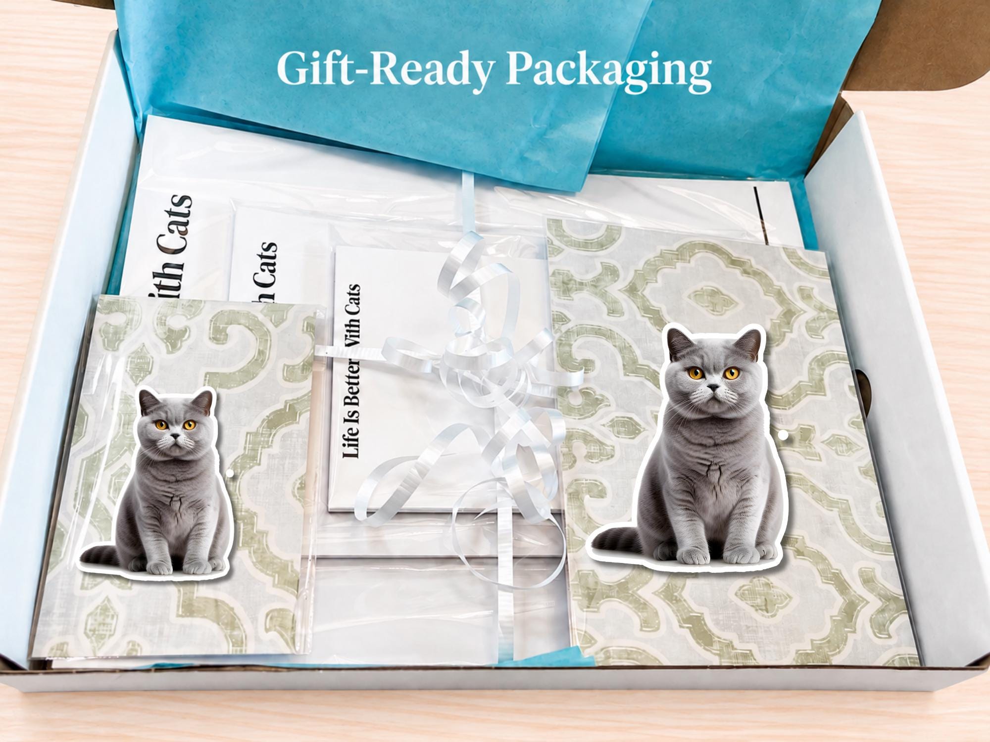 British Shorthair Cat Stationery Gift Box | Personalized Notepads and Vinyl Cat Stickers
